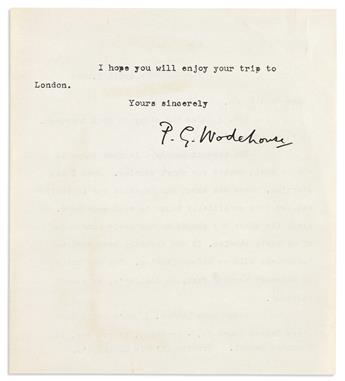 WODEHOUSE, P.G. Small archive of 8 items, each Signed, or Signed and Inscribed, to Ray Gibbons: Two Autograph Letters * Three Typed Let